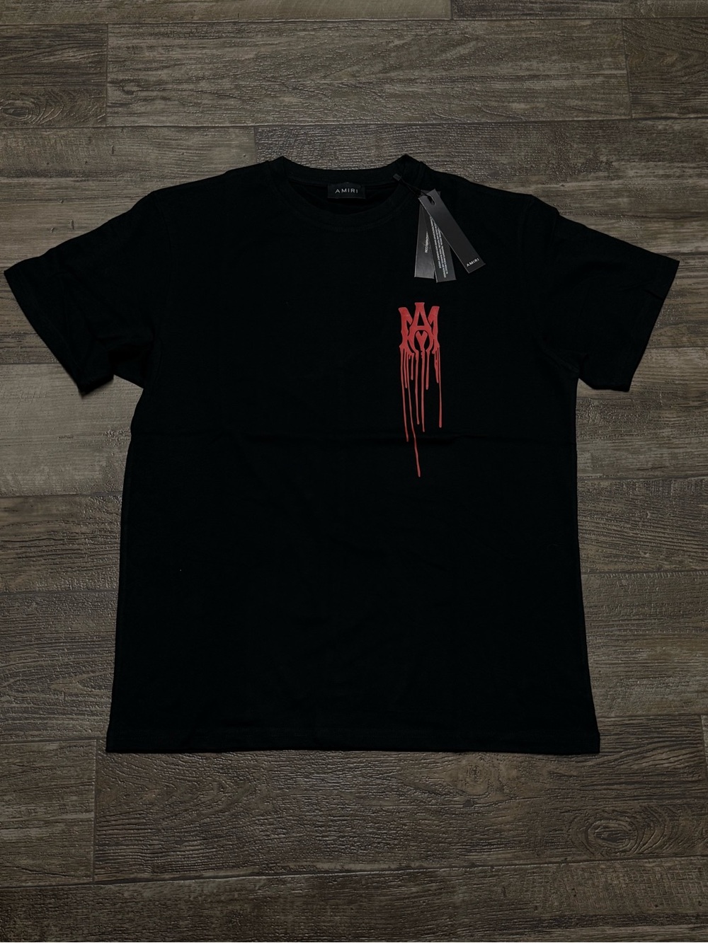 AMIRI Black Short Sleeve Tee with Red Drip Logo